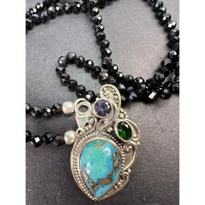 Black spinel and turquoise multi gem sterling silver pendant necklace